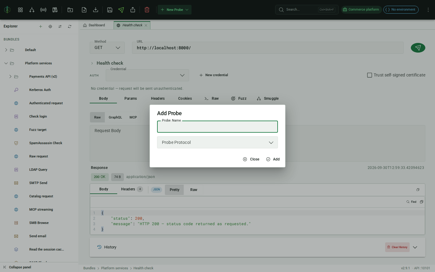 The Add Probe dialog, asking for a probe name and a protocol