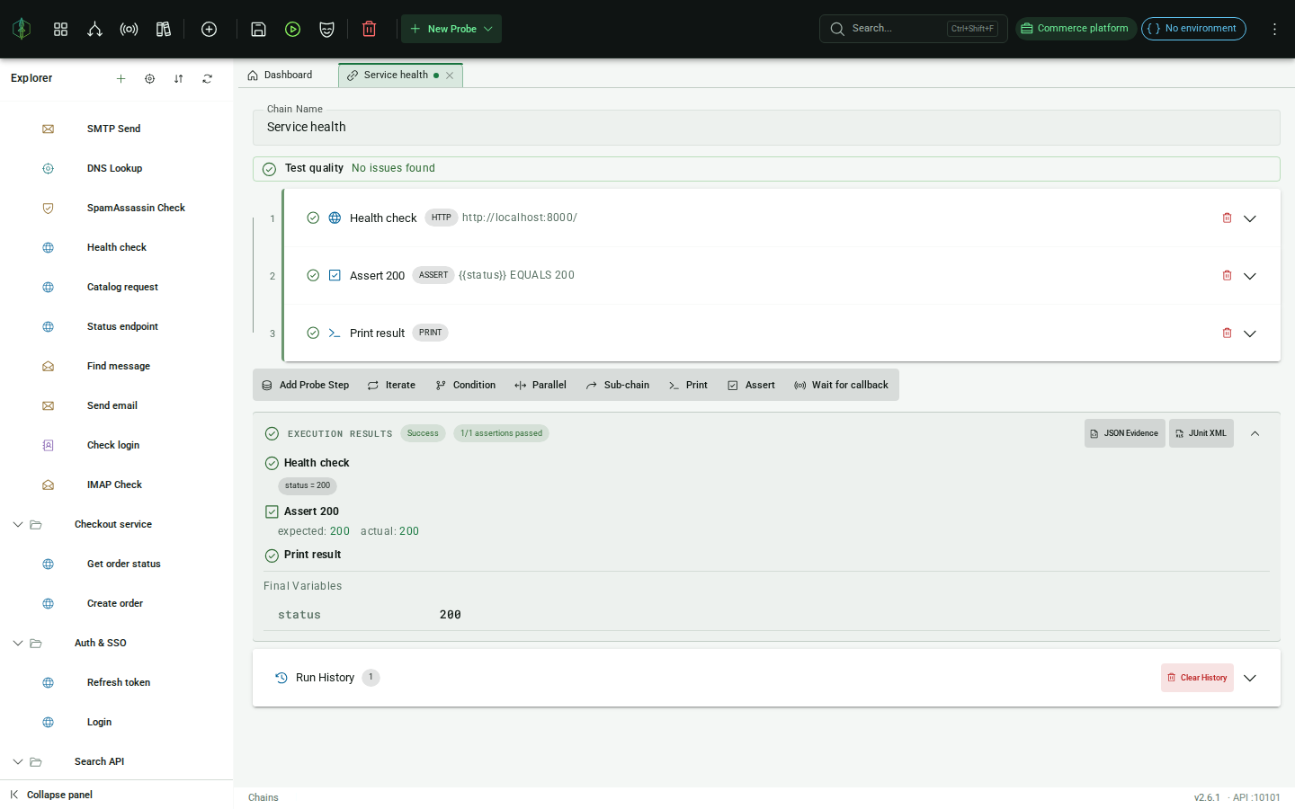 Chain execution results: per-step status and extracted variables