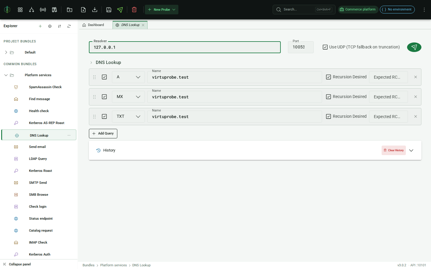 DNS probe editor: resolver/port/UDP settings, query list with answer records