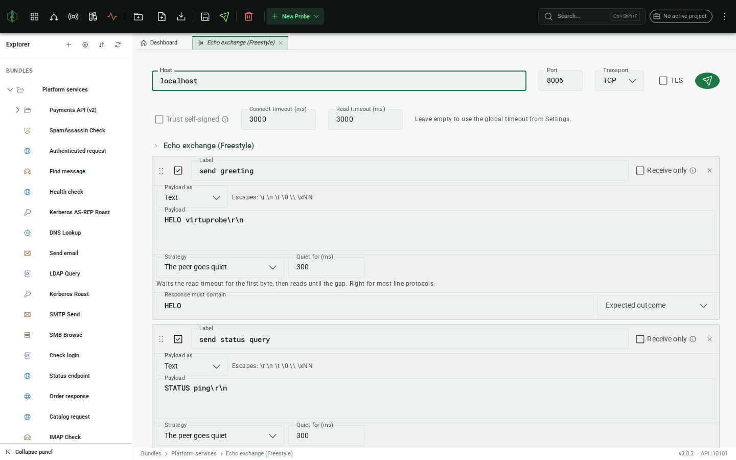 The Freestyle probe editor: transport, timeouts and the raw exchange list.