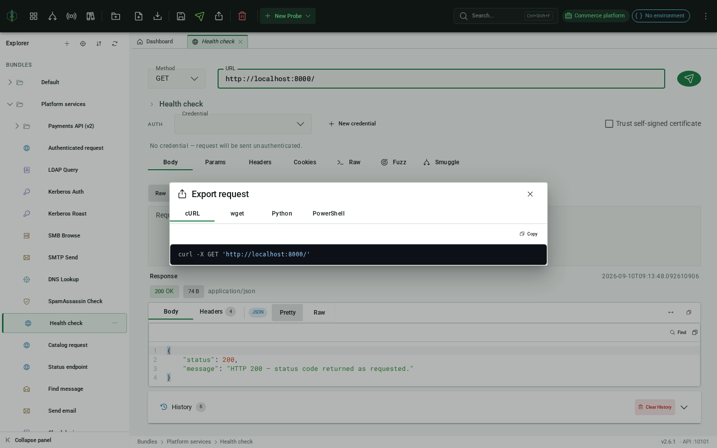 Export Request dialog: cURL / wget / Python / PowerShell snippets with copy