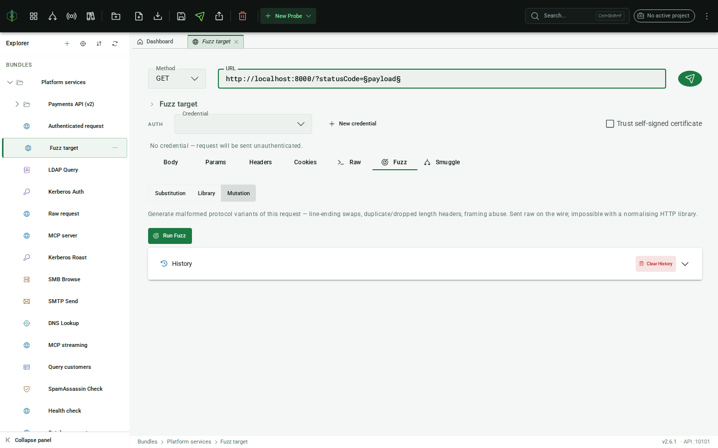 Fuzz tab: mode selector, payloads and results