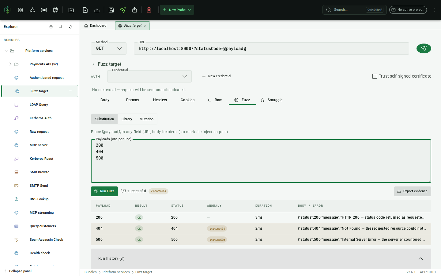 Fuzz run history and evidence export