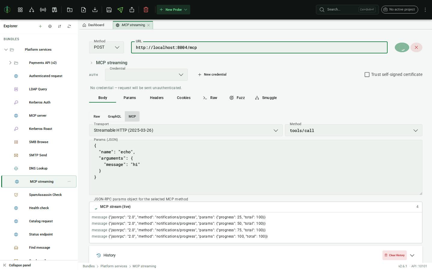 The live MCP stream card filling with progress events during a tools/call