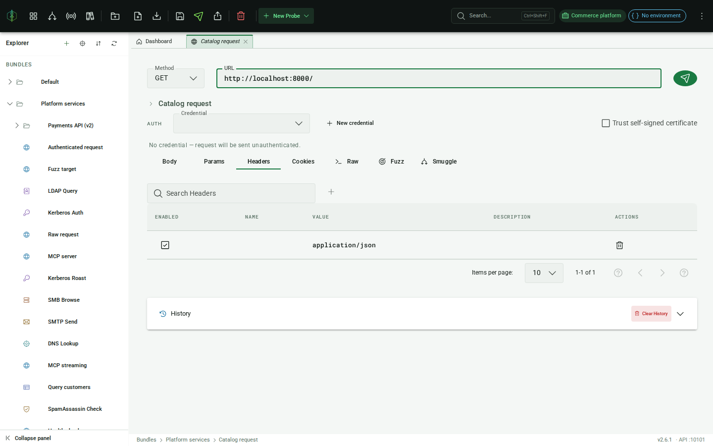 HTTP probe editor: URL bar, method, tabs, Send button