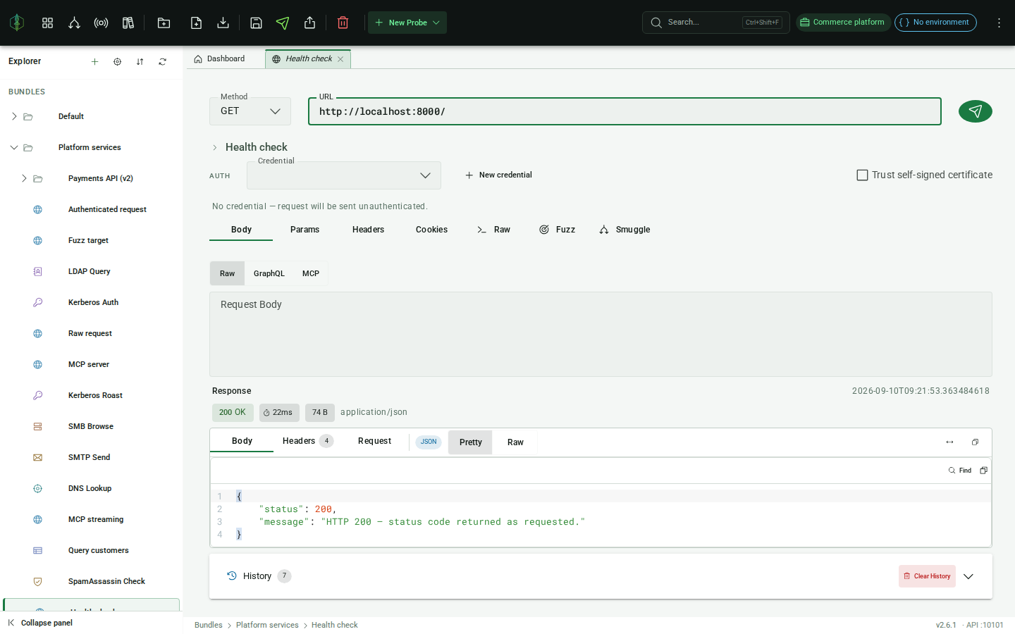 HTTP probe response panel: status bar and tab strip