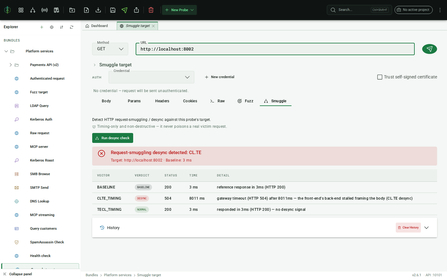 Smuggle tab: Run desync check button, verdict banner and per-vector table