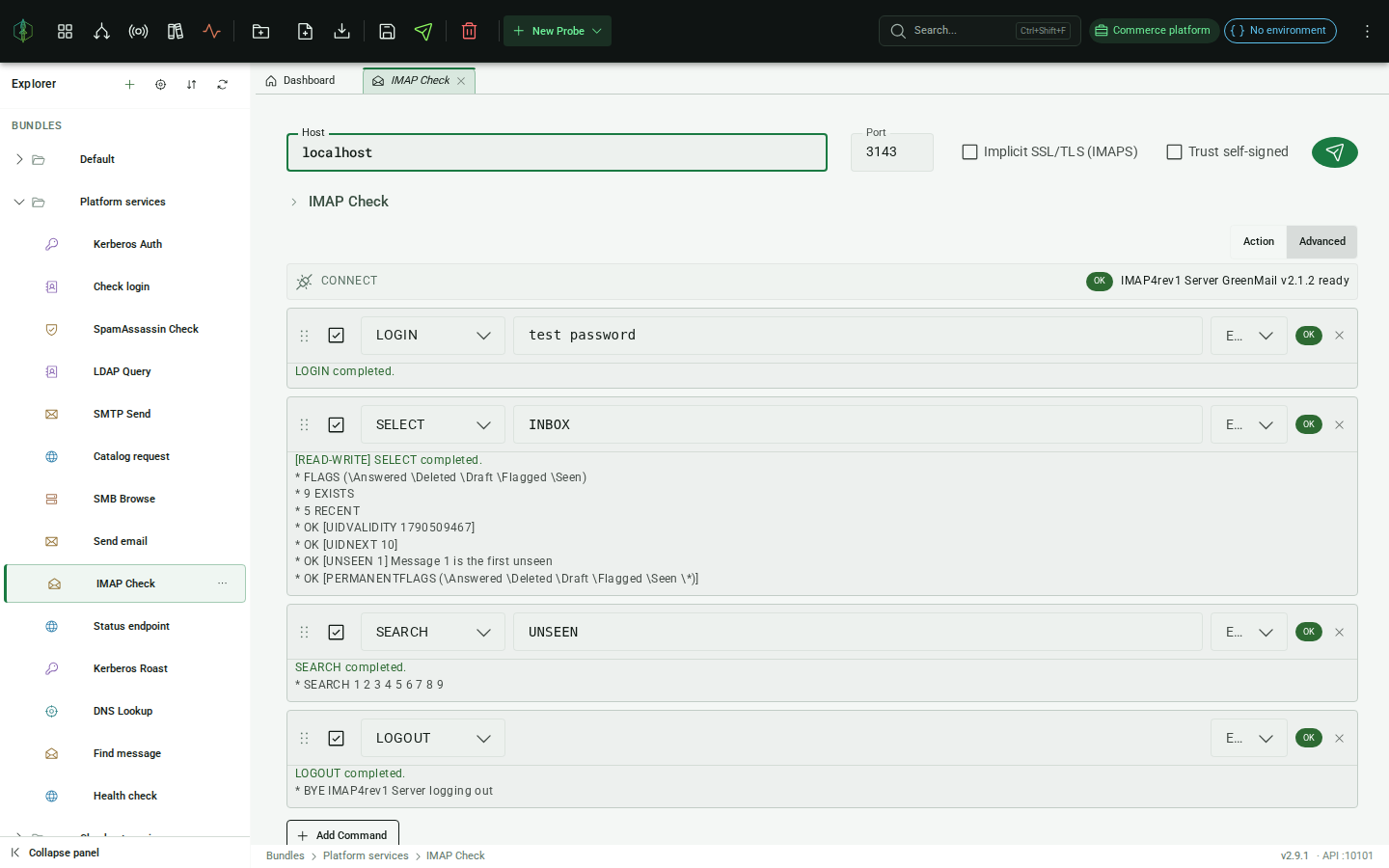 IMAP command list with LOGIN, SELECT, SEARCH, and FETCH commands configured