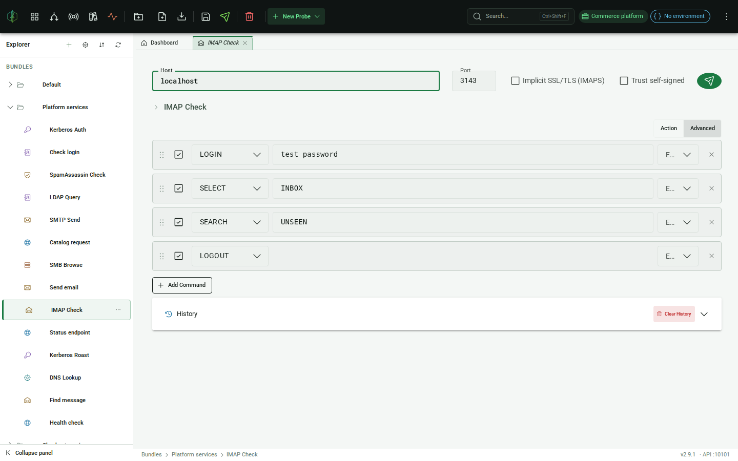 IMAP probe editor: host/port/SSL settings, command list