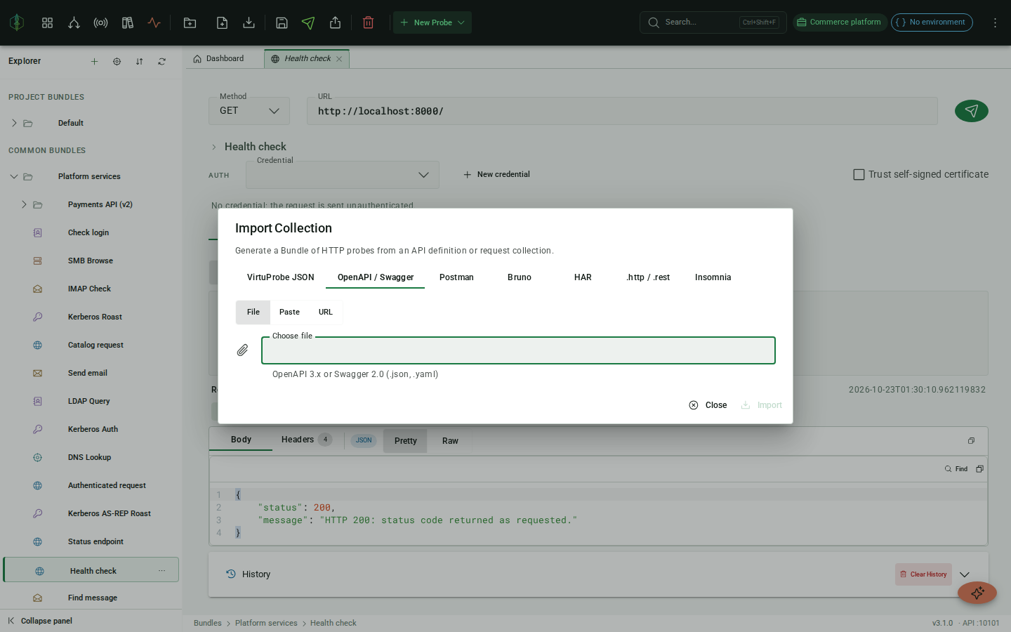 Import Collection dialog: format tabs for OpenAPI, Postman, Bruno, HAR, .http and Insomnia