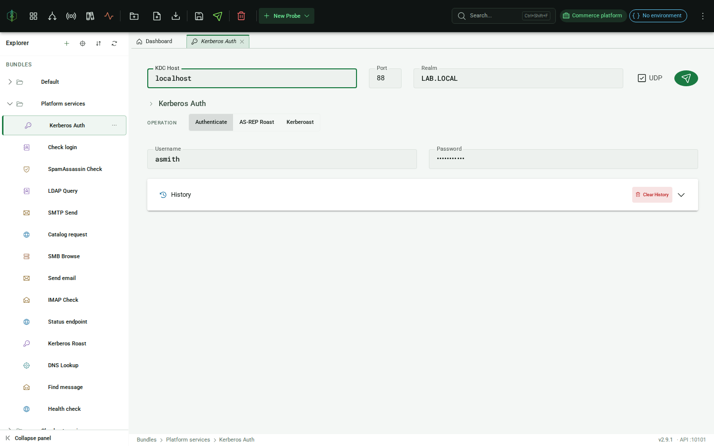 Kerberos probe editor: connection settings and operation selector