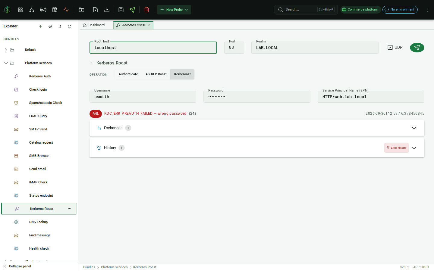 Kerberos probe response: Kerberoast hash in copyable card with hashcat mode label