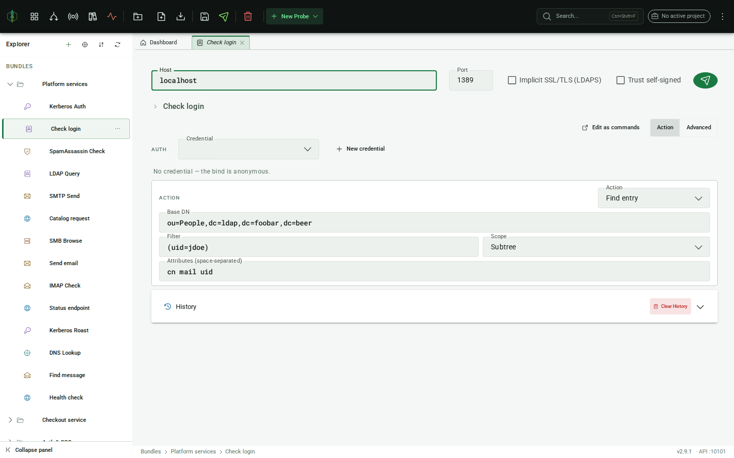 LDAP Action Mode: Check login / Find entry action selector and form