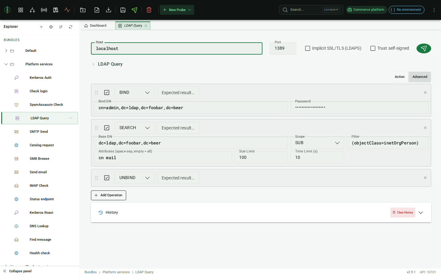 LDAP probe editor: host/port/LDAPS settings, operation list