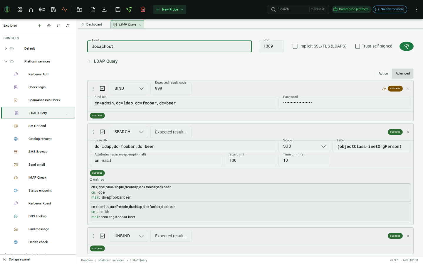 LDAP history panel: expanded entry showing per-operation result codes