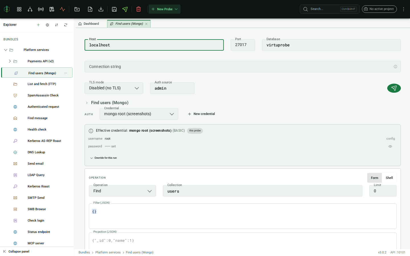 The MongoDB probe editor: connection, authentication and the FIND operation form.