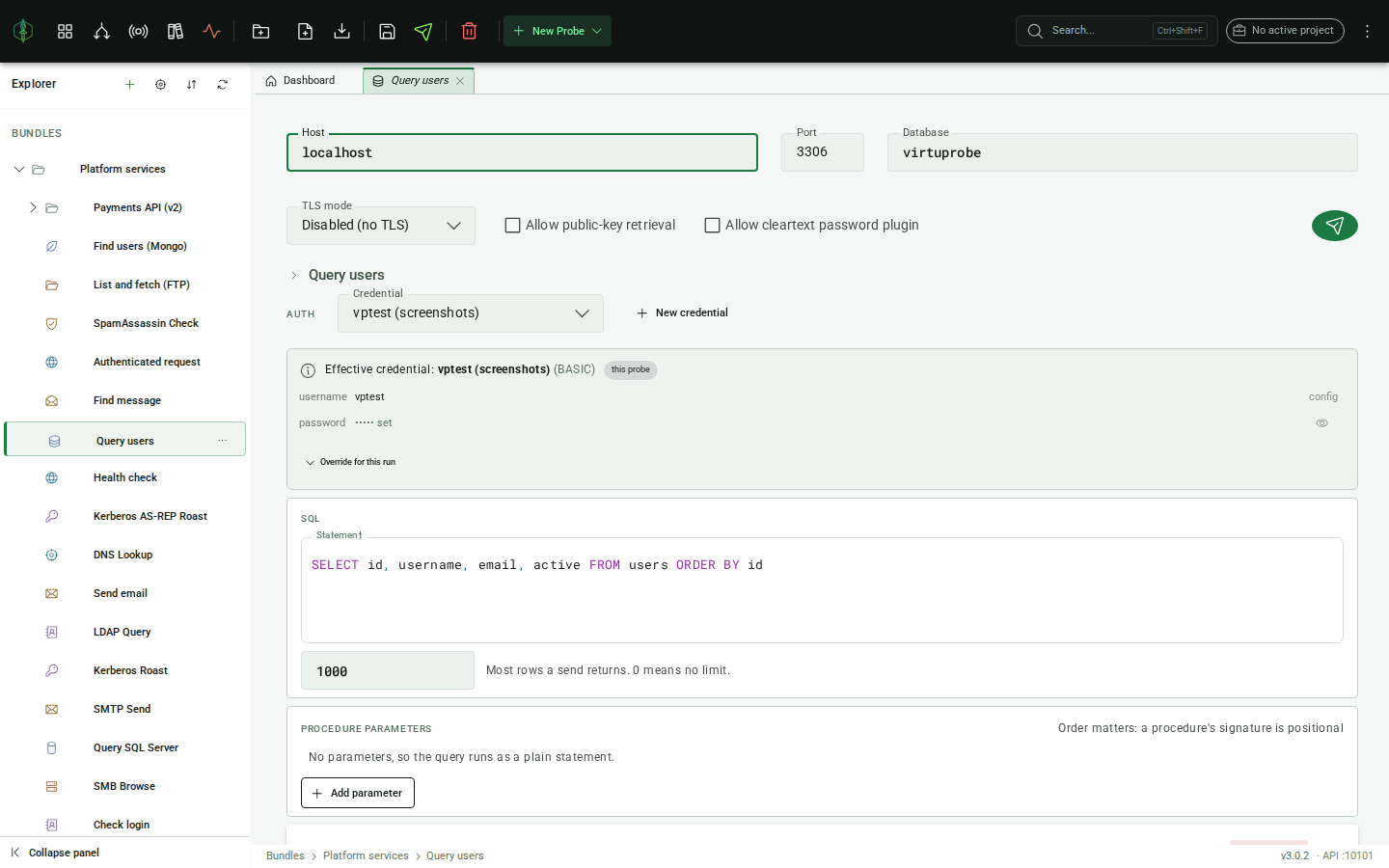 MySQL probe editor: connection settings, credential picker, and the SQL statement