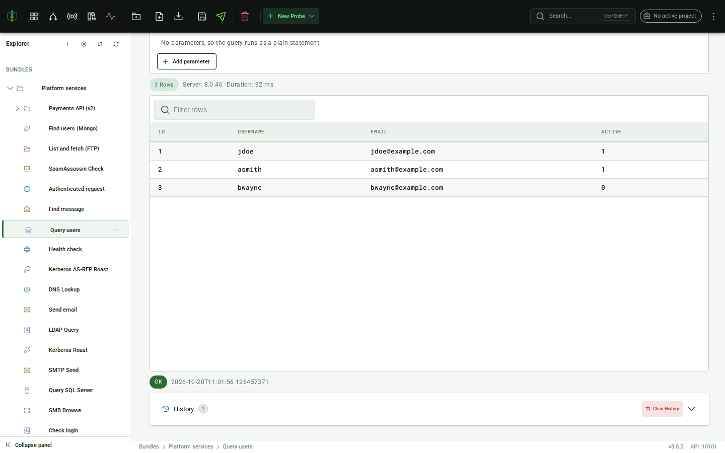 MySQL result-set response: status bar and result table