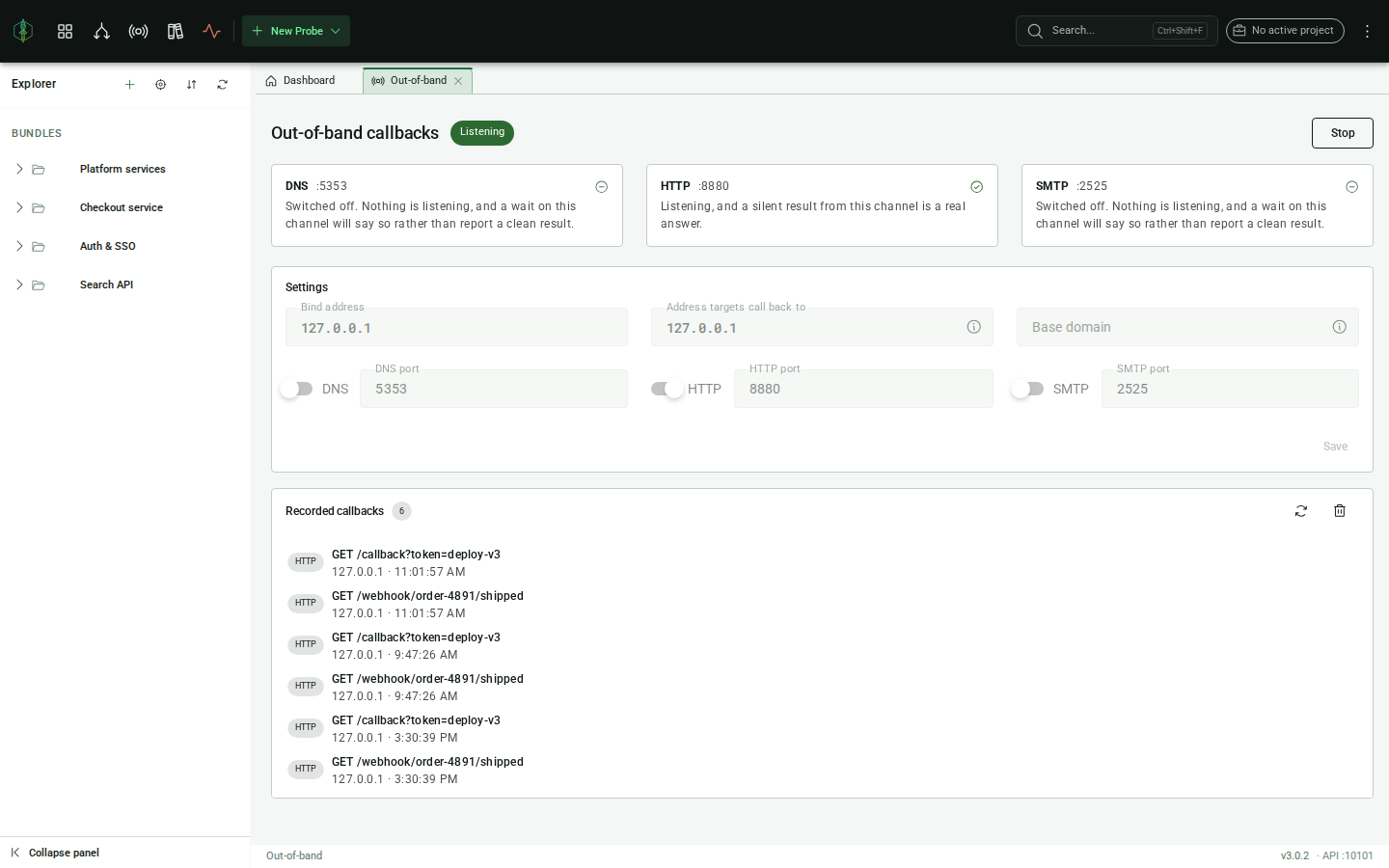 The out-of-band panel: the per-channel status and the recorded callbacks