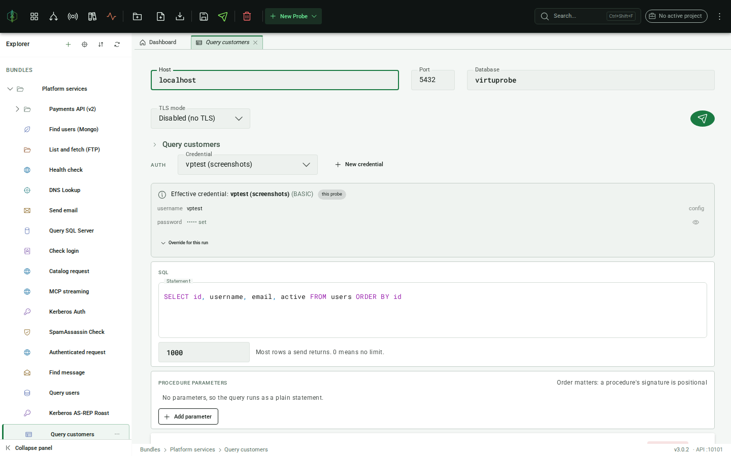PostgreSQL probe editor: connection settings, credential picker, and the SQL statement