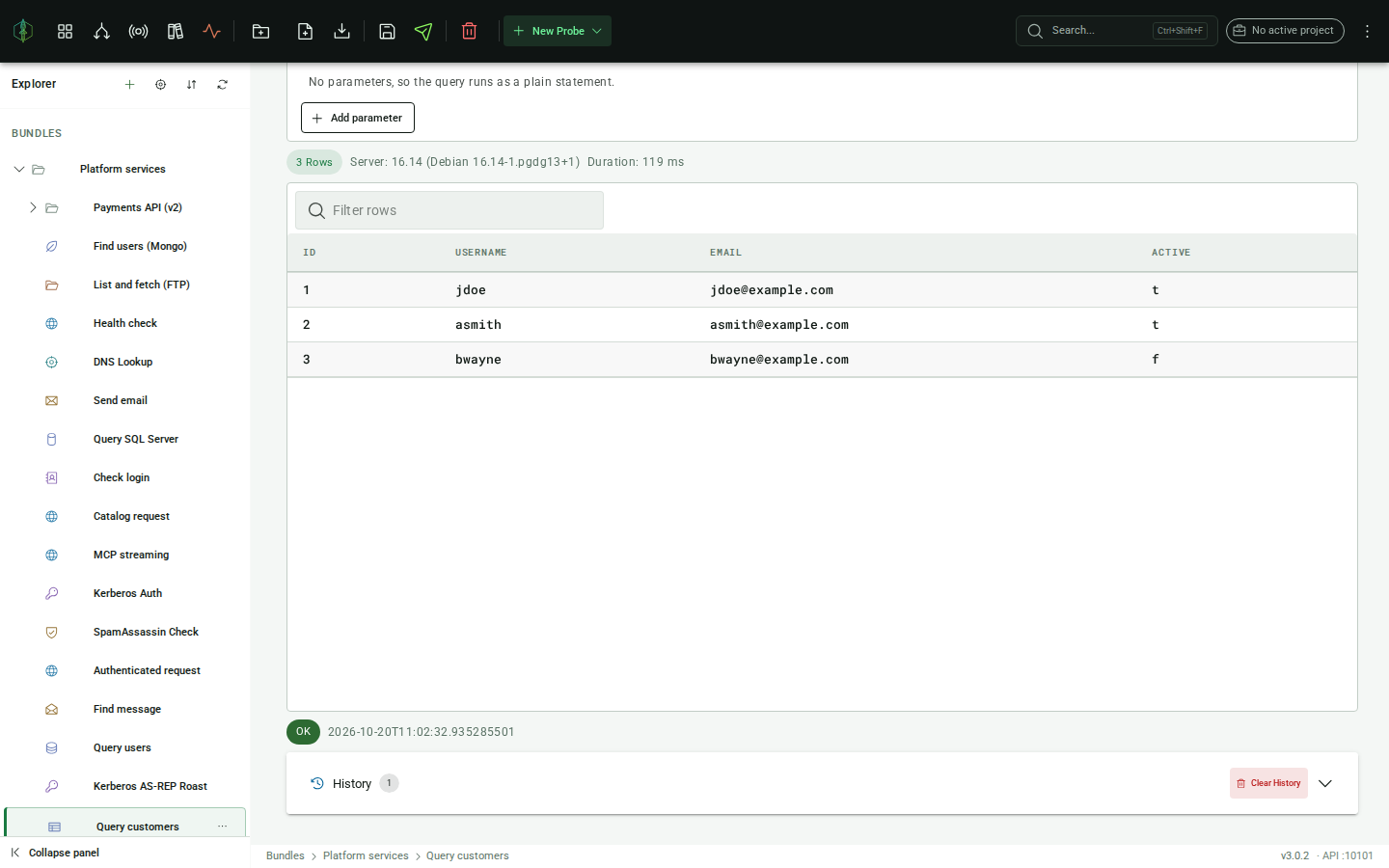 PostgreSQL result-set response: status bar and result table