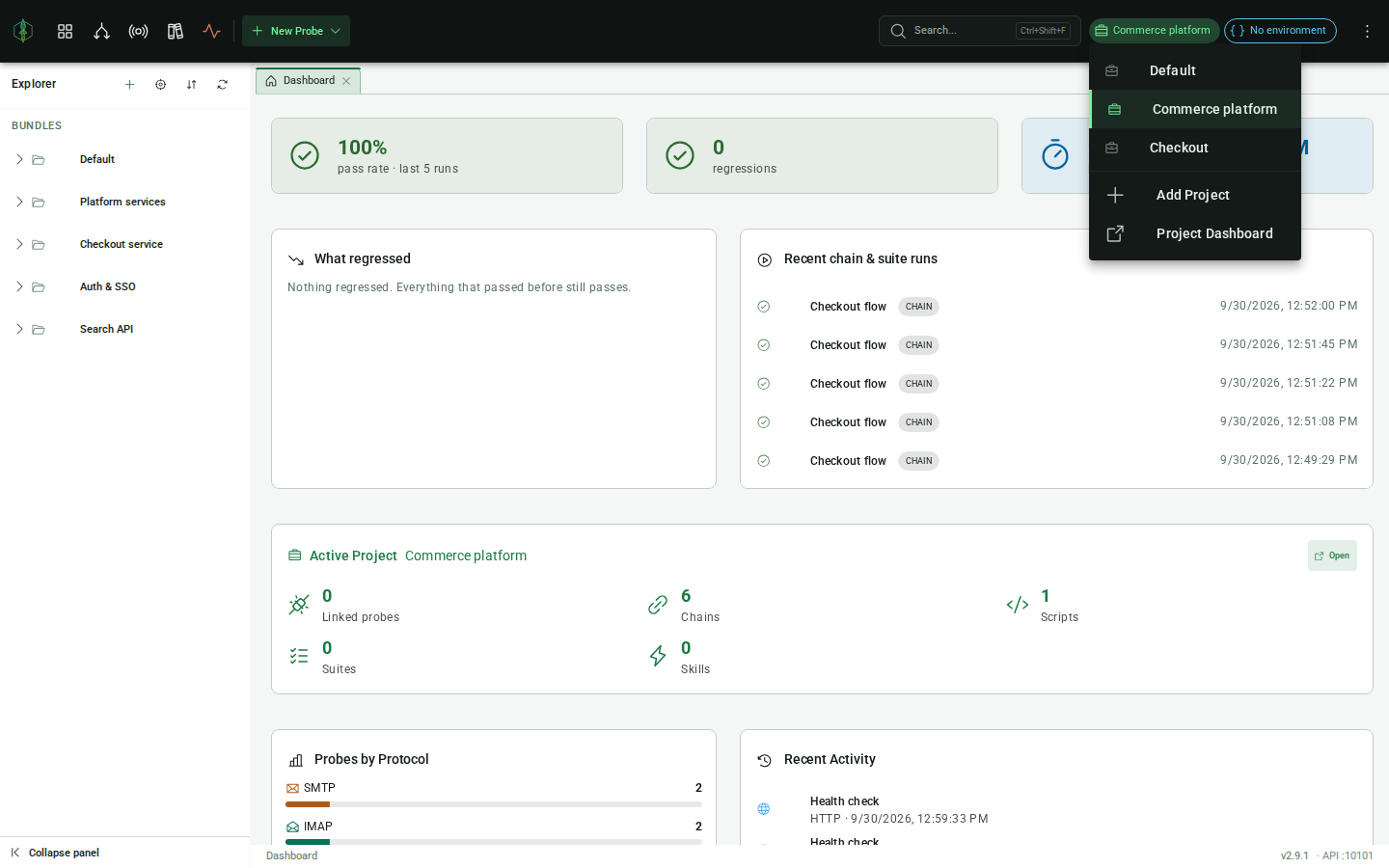 Project picker menu: project list with Add Project and Project Dashboard actions