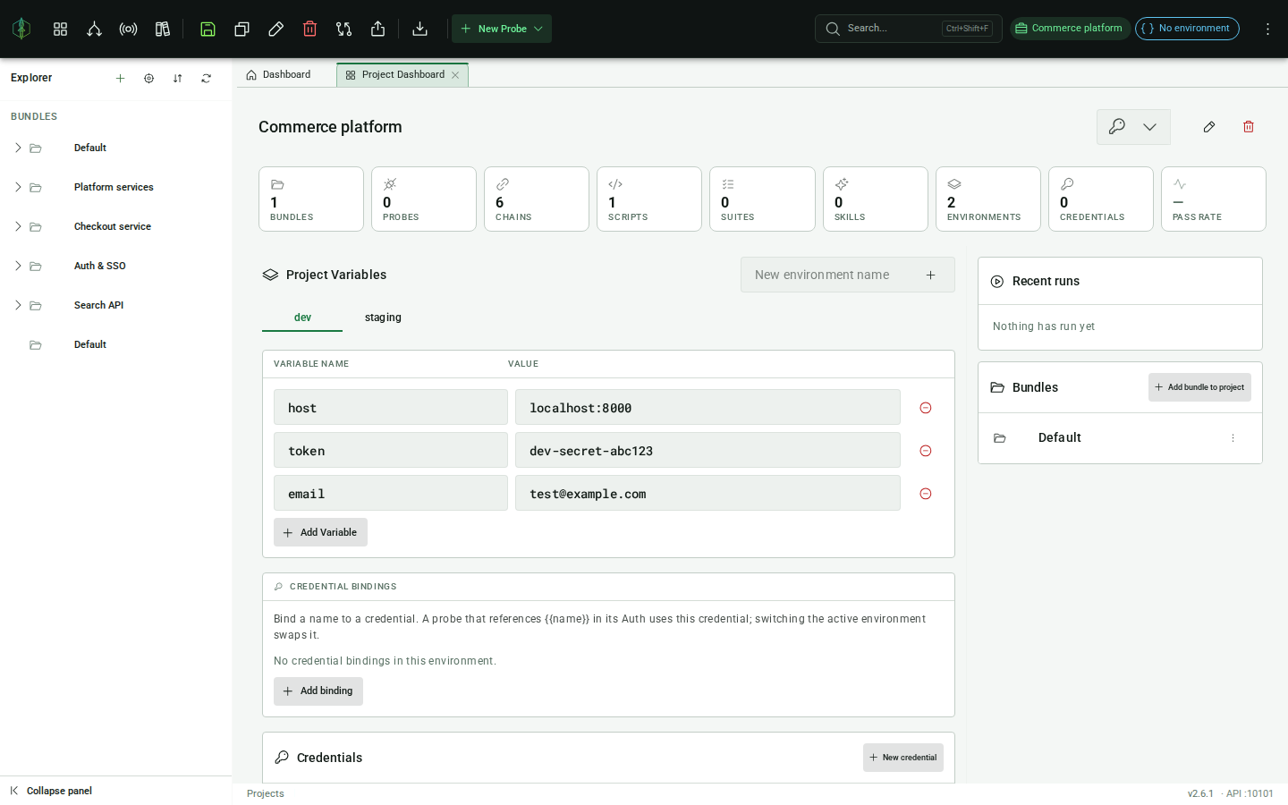Project dashboard: environment editor with environment tabs