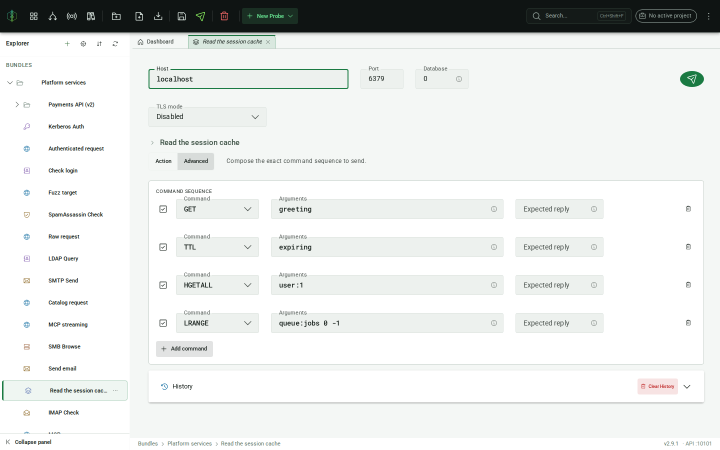 The Redis probe editor: connection row, Advanced mode, and the command sequence