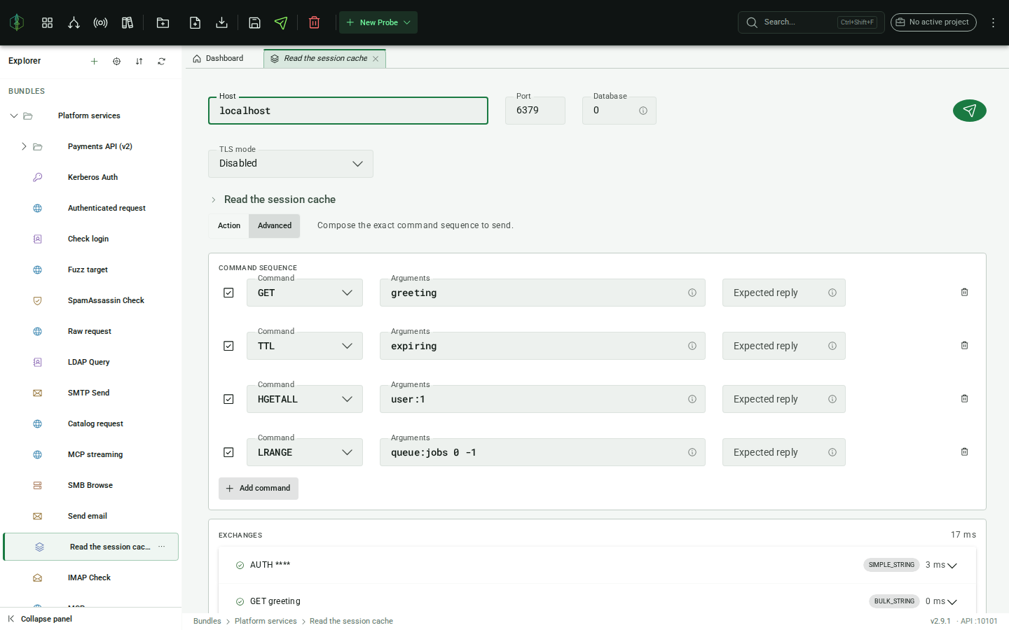 The exchanges list after a send: AUTH, GET, TTL, HGETALL and LRANGE with their reply types