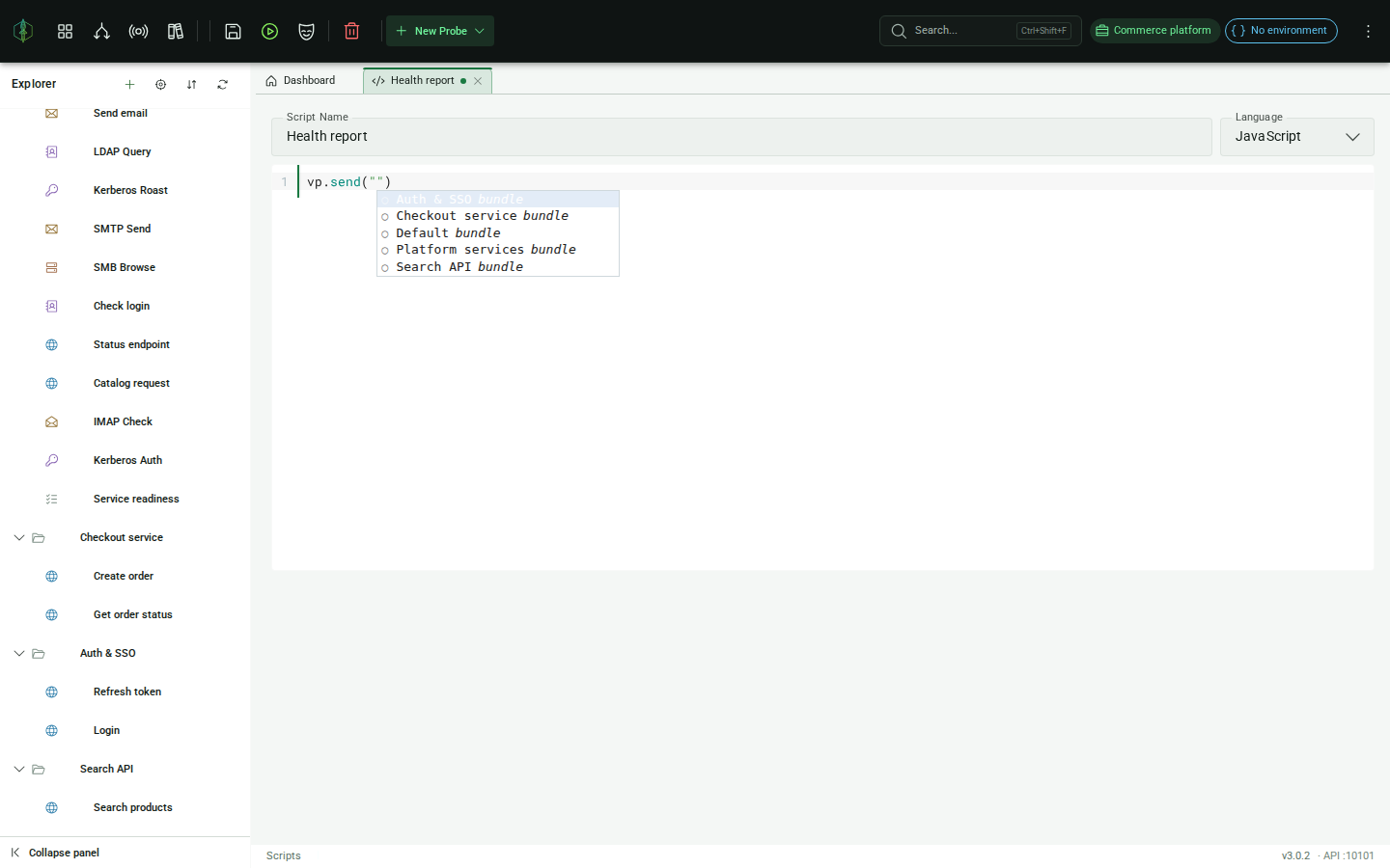 Script editor autocomplete: bundle and probe name suggestions inside vp.send