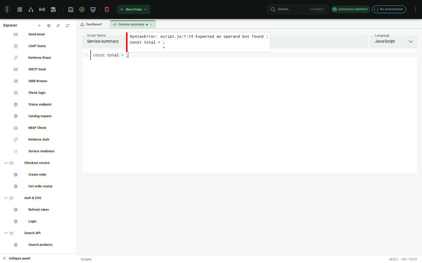Script editor showing a syntax error underlined inline