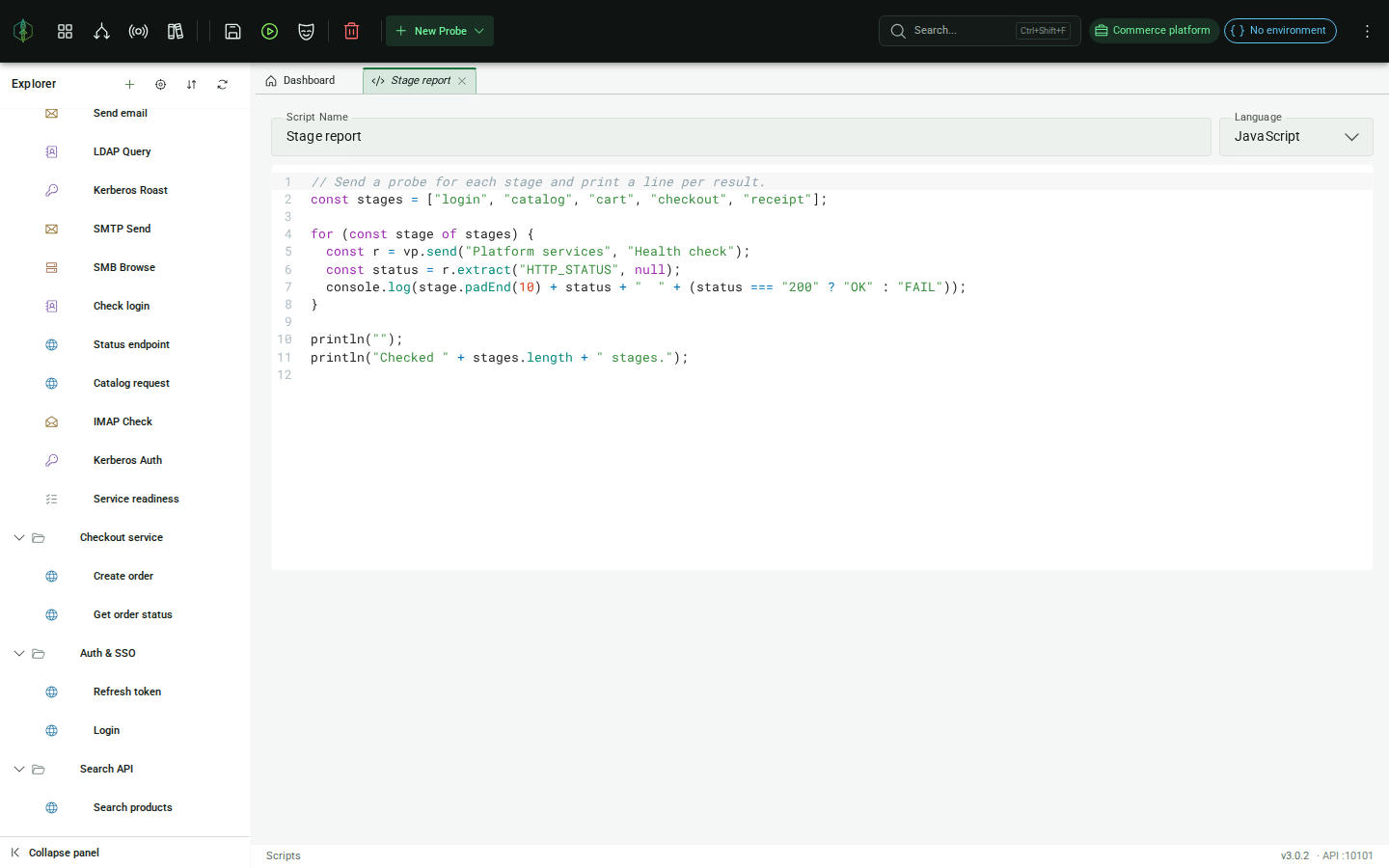Script editor: code editor with syntax highlighting and Run button in toolbar