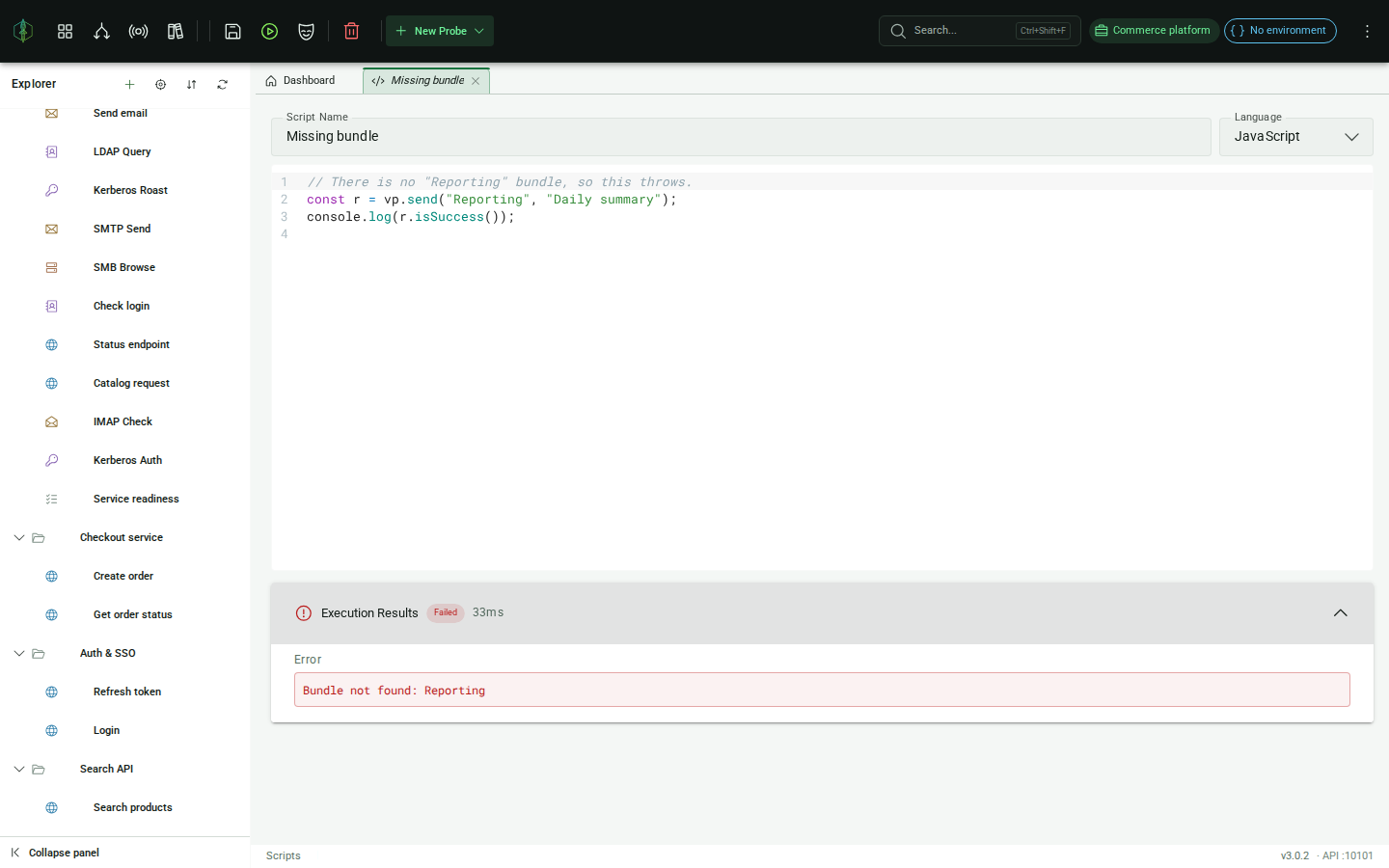 Script error panel showing exception message