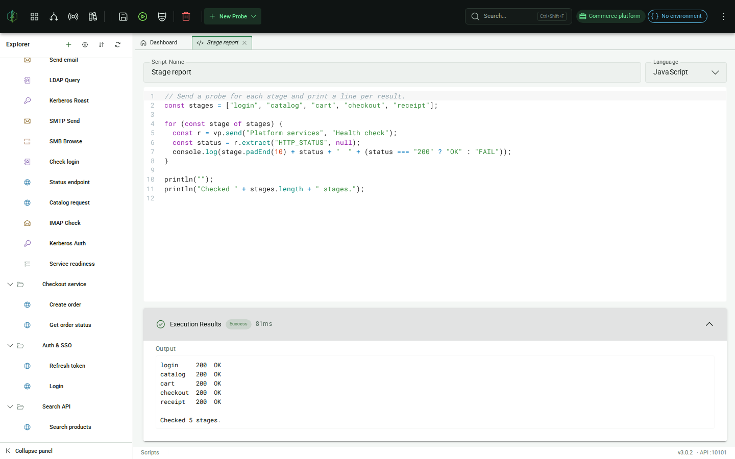 Script output panel showing execution results