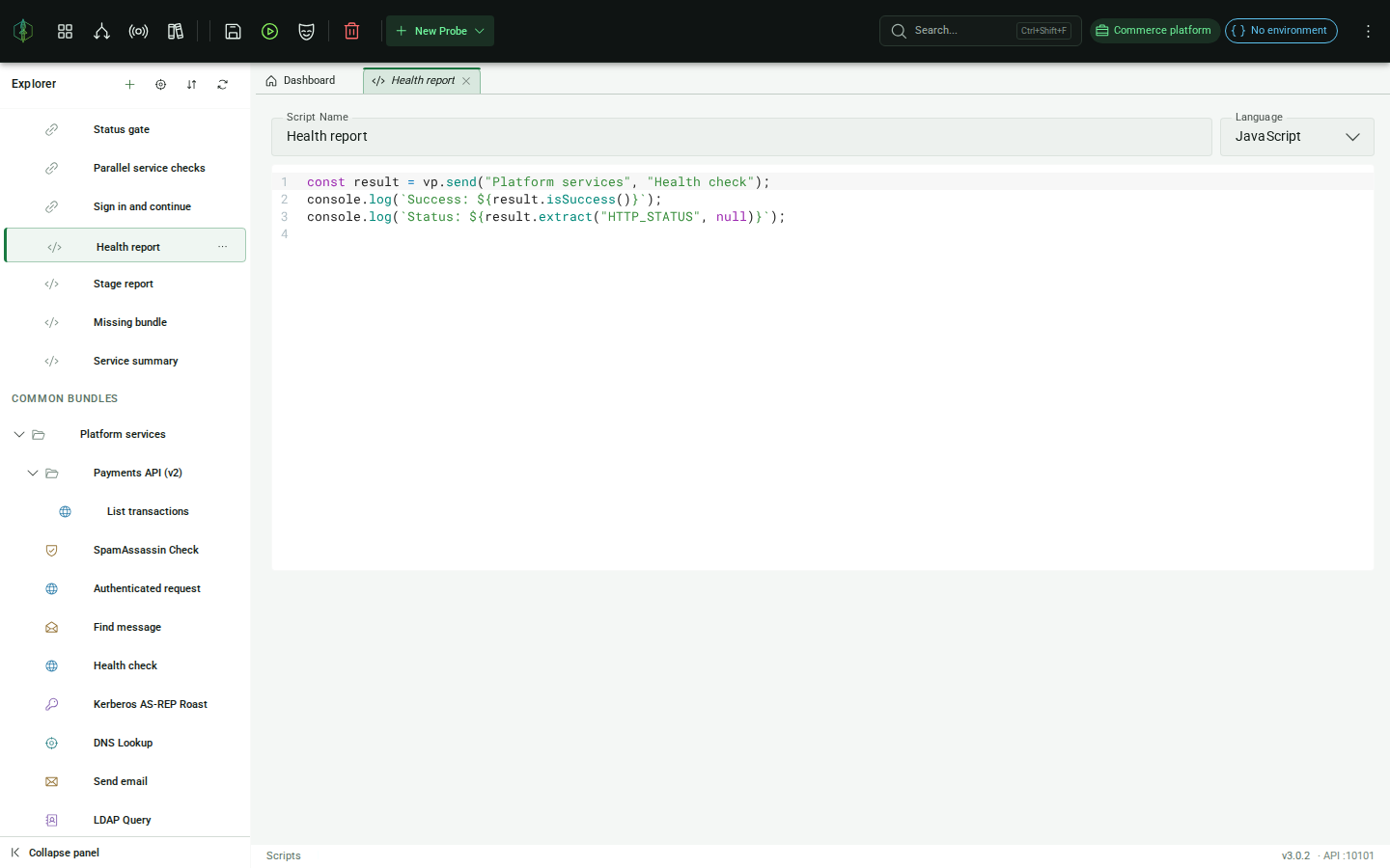 A script shown as a leaf inside its bundle in the Project Explorer, script editor open in a tab
