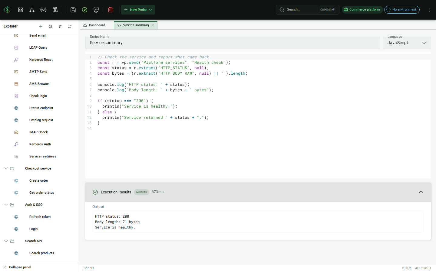 Scripts listed in the Project Explorer, editor and output panel