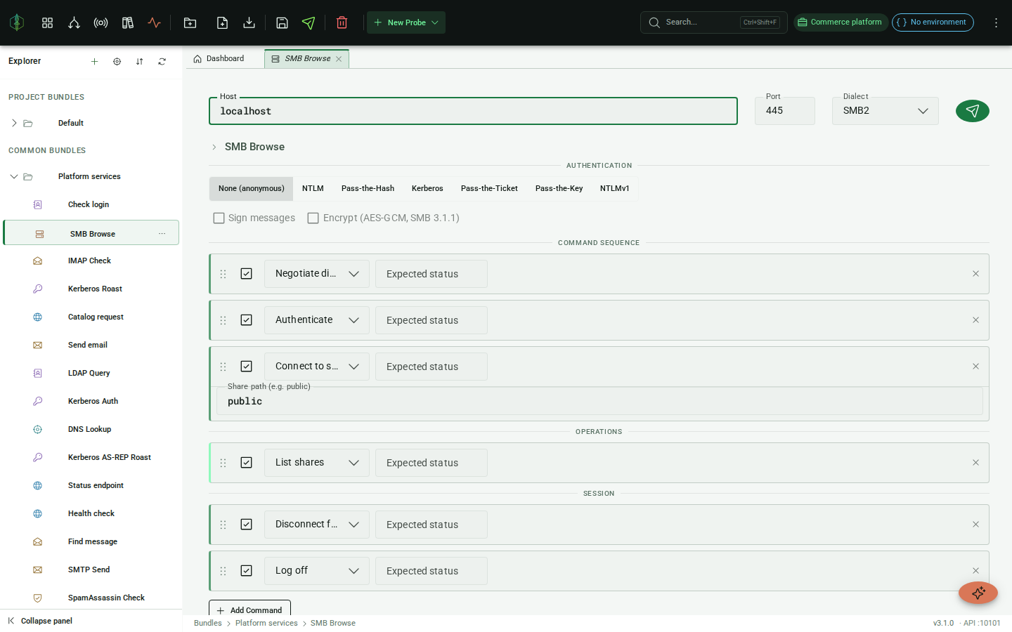 SMB probe editor: the authentication toggle and the command sequence