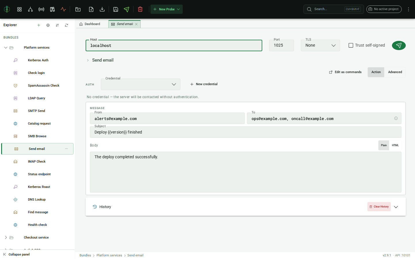 SMTP Action Mode: Send email form with From/To/Subject/Body