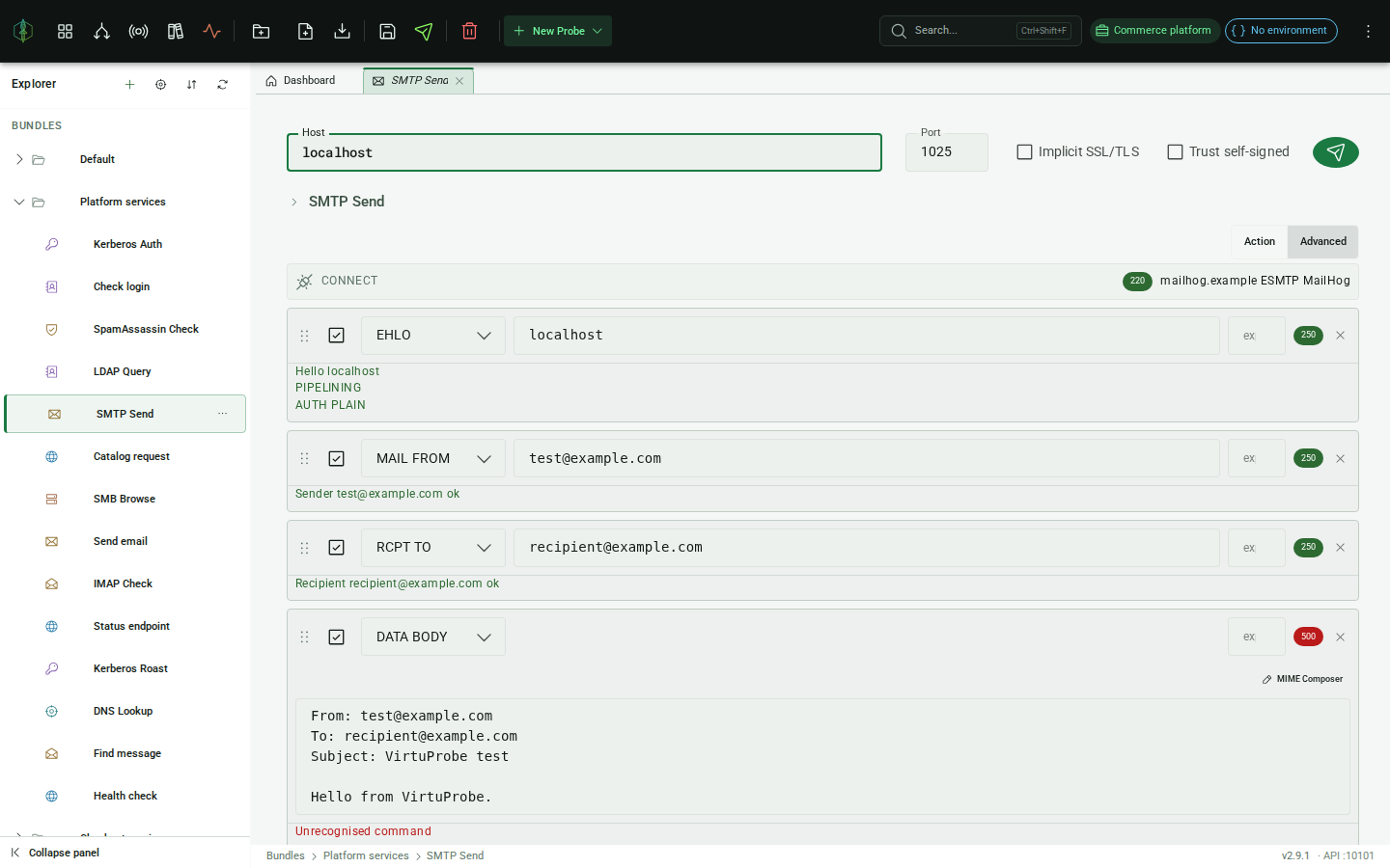 SMTP command list with several commands configured and response codes