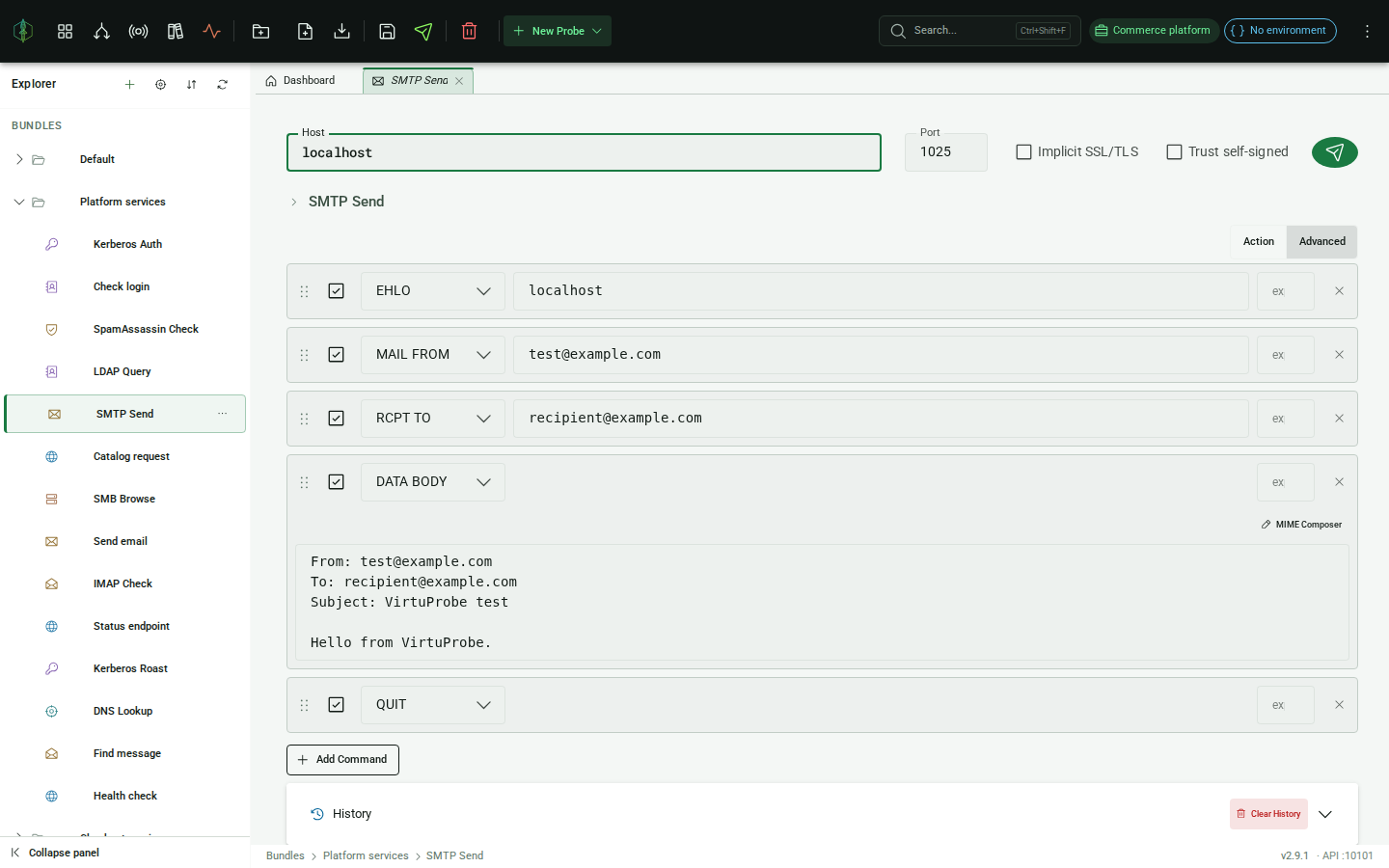 SMTP probe editor: host/port/SSL settings and command list