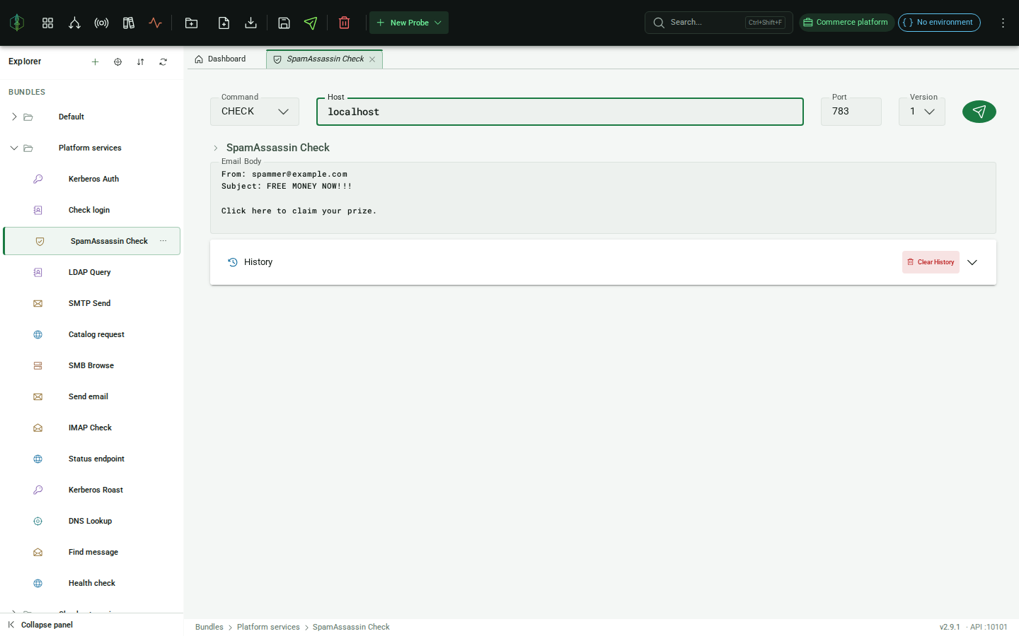 SpamAssassin probe editor: host/port settings and message body textarea