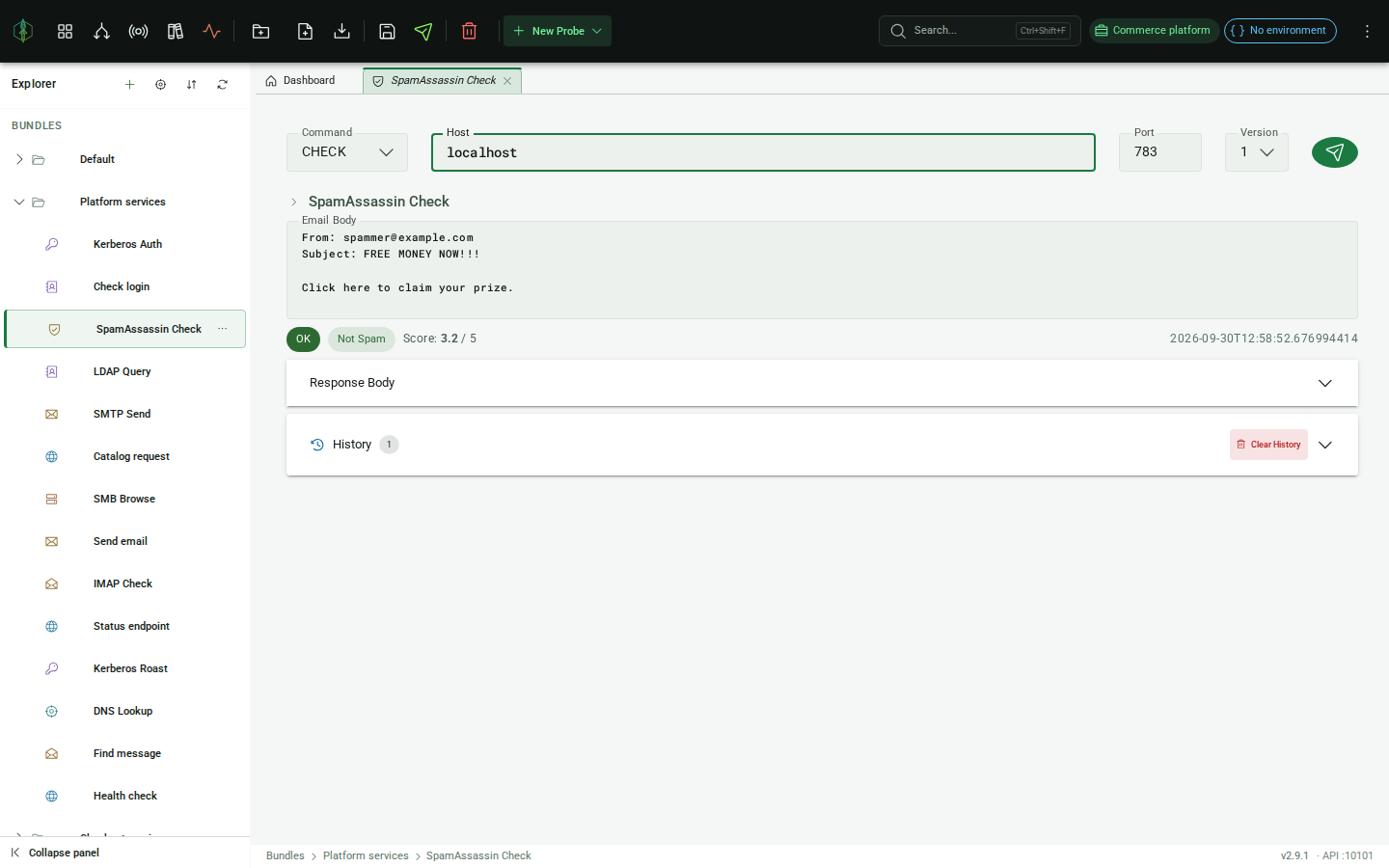 SpamAssassin response: spam score, threshold, verdict, and rule breakdown