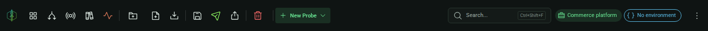 The top bar: logo, view launchers, per-tab actions, New Probe, search, project and environment chips, and the overflow menu