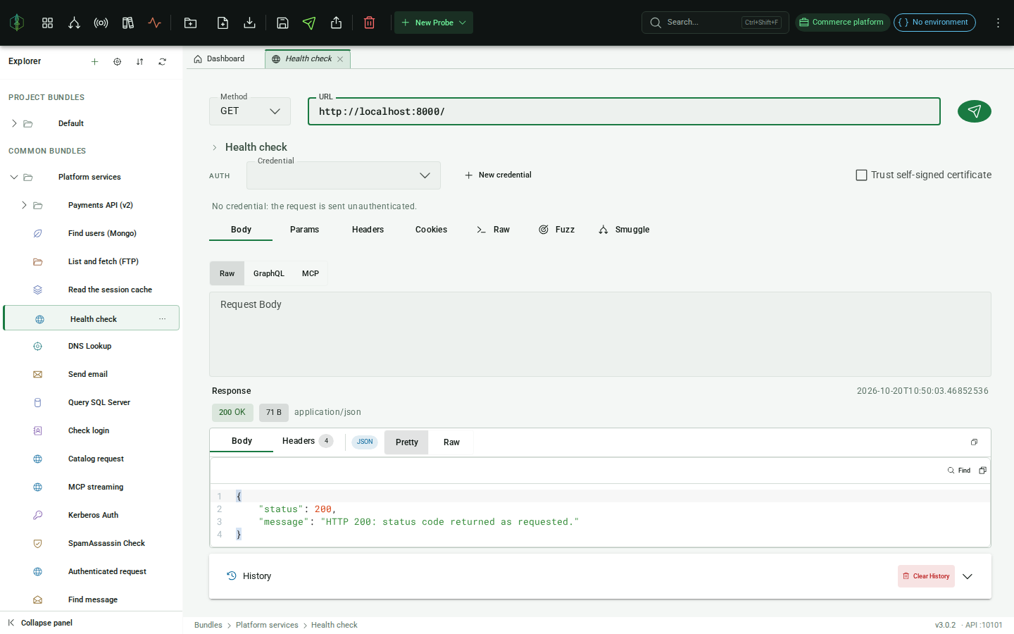 The VirtuProbe workspace: Project Explorer on the left, editor tabs, an HTTP probe open, and the top bar
